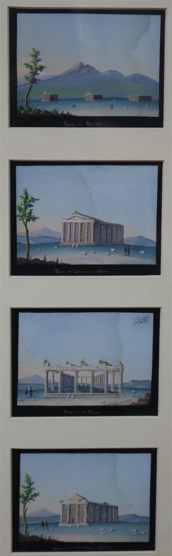 Neapolitan School (19th Century), gouache, three framed sets of miniature views, including Pompeii, Paestum, Vesuvius, etc. (18)